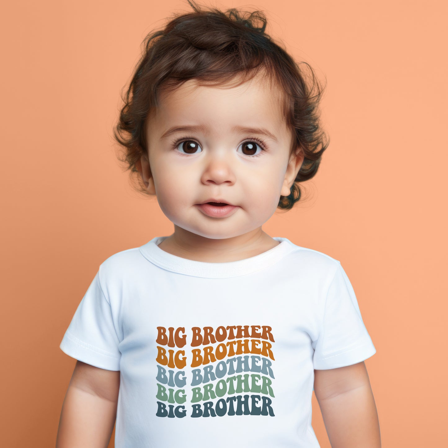 A young child wearing a white t-shirt with the text "BIG BROTHER" printed on it.